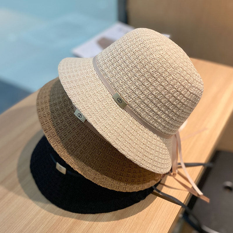 帽子女夏季棉线针织渔夫帽圆顶休闲出游短檐盆帽丝带蝴蝶结遮阳帽