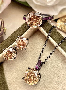 八角千禧玫瑰切帕帕拉恰吊坠项链精致高碳钻艳丽彩宝粉钻指环套装