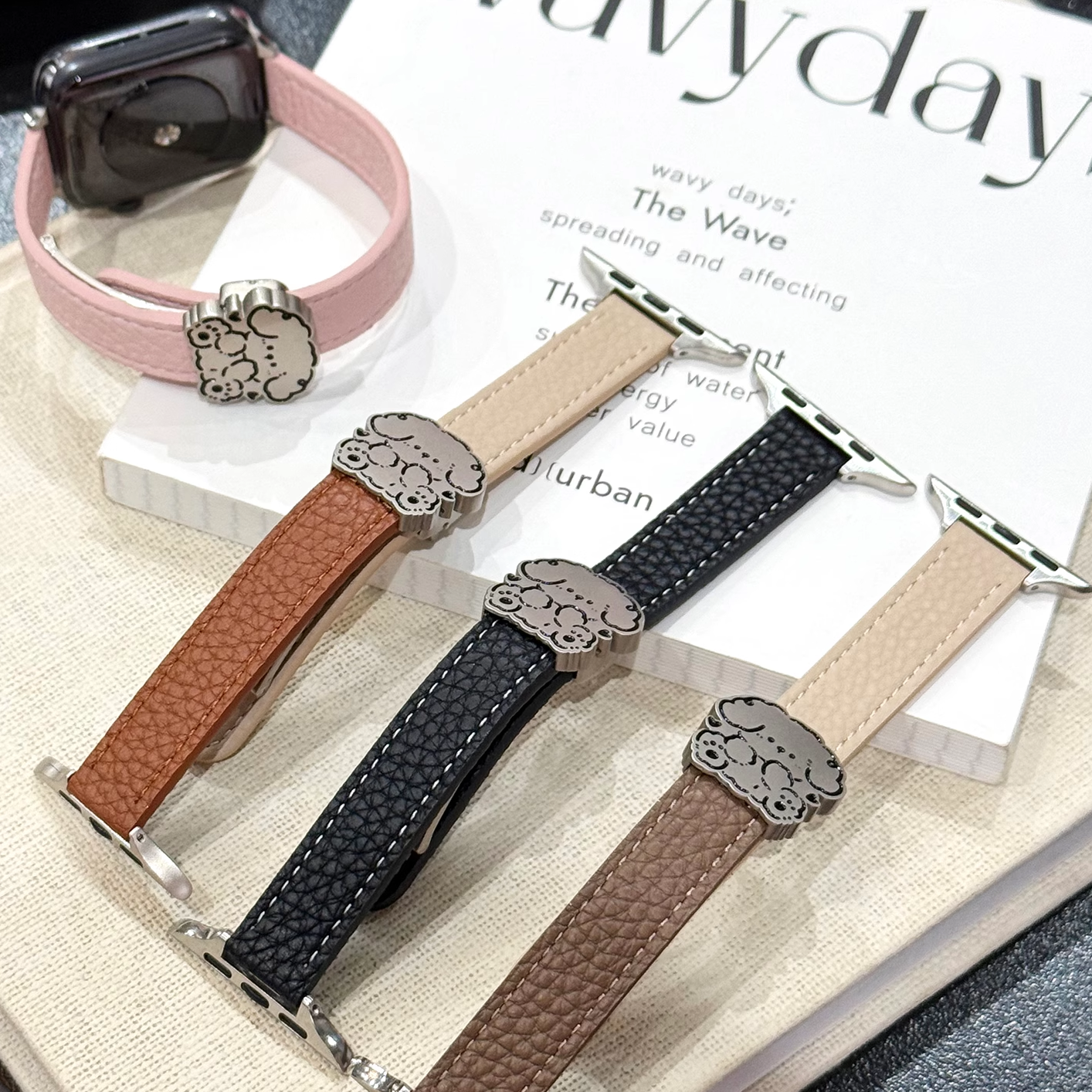 适用于iwatch苹果新款荔枝纹手表表带9牛皮拼色可爱小狗磁吸扣s10,手表,配件,淘宝优惠券,粉丝福利购,淘宝优惠卷