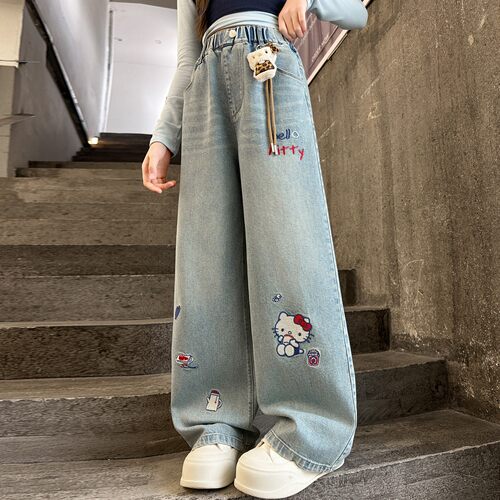 女童牛仔裤春秋装2026新款儿童裤子洋气KT猫小女孩春季直筒阔腿裤