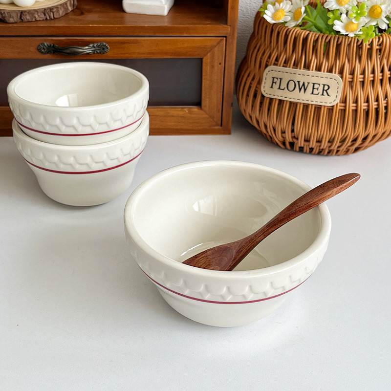 釉下彩红线圈5寸碗家用浮雕米饭碗陶瓷加厚高颜值早餐酸奶燕麦碗,餐饮具,碗,淘宝优惠券,粉丝福利购,淘宝优惠卷