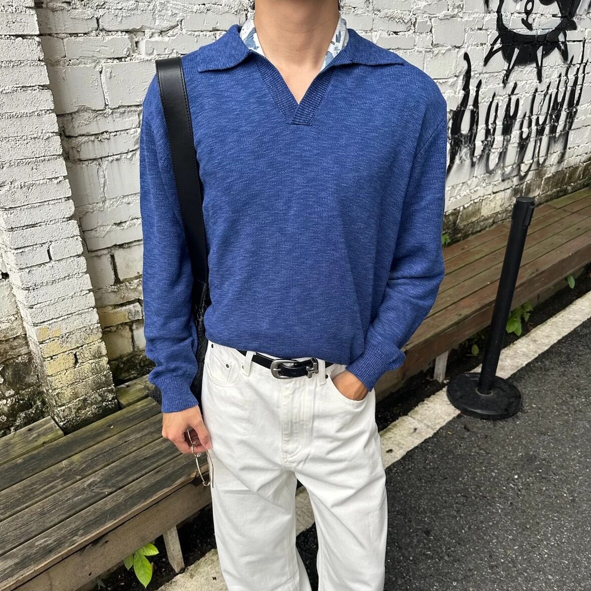 Chillflow 海鸥领Polo衫蓝色花纱毛衣软糯休闲通勤针织短宽打底男