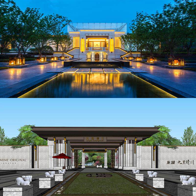 新亚洲新中式售楼处示范区会所别墅廊架大门主入口连廊景观su模型