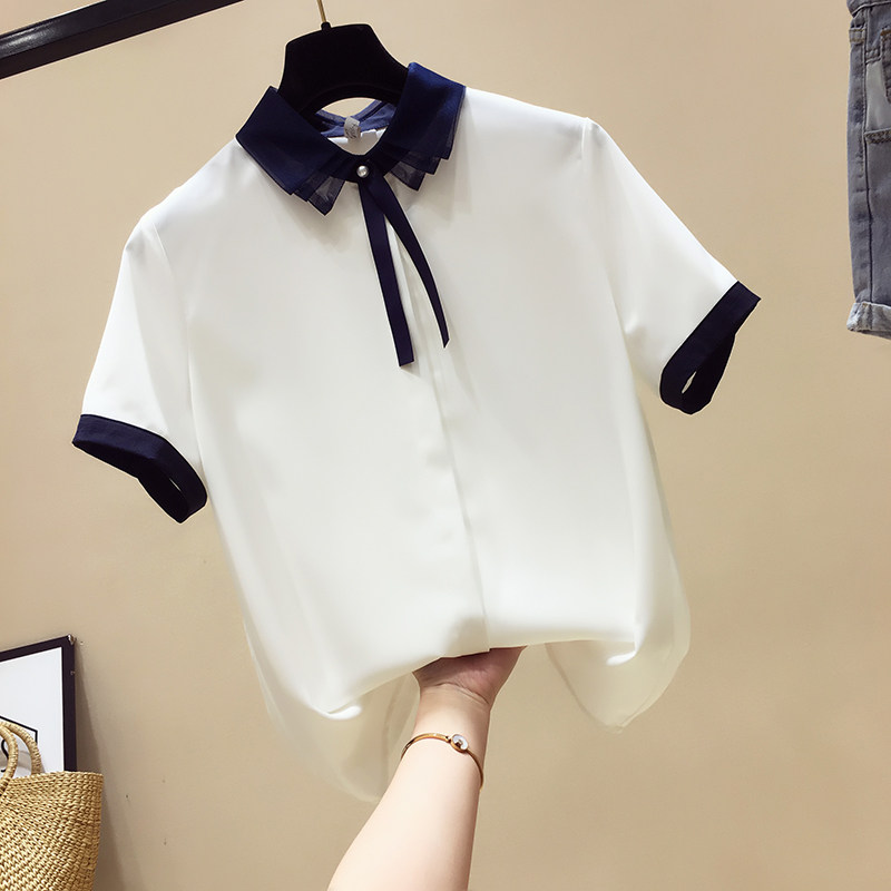 三层领珍珠扣系带雪纺衬衫女薄2019春夏新款韩版立领修身短袖上衣在类目 女装/女士精品, 蕾丝衫/雪纺衫中 - 来自Buy2taobao.com提供专业的淘宝代购服务