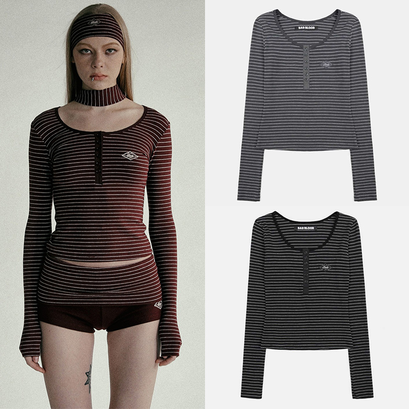 badblood修身显瘦条纹大领口上衣