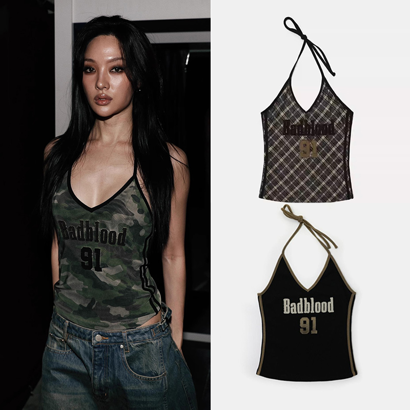 badblood迷彩吊带休闲系带上衣夏