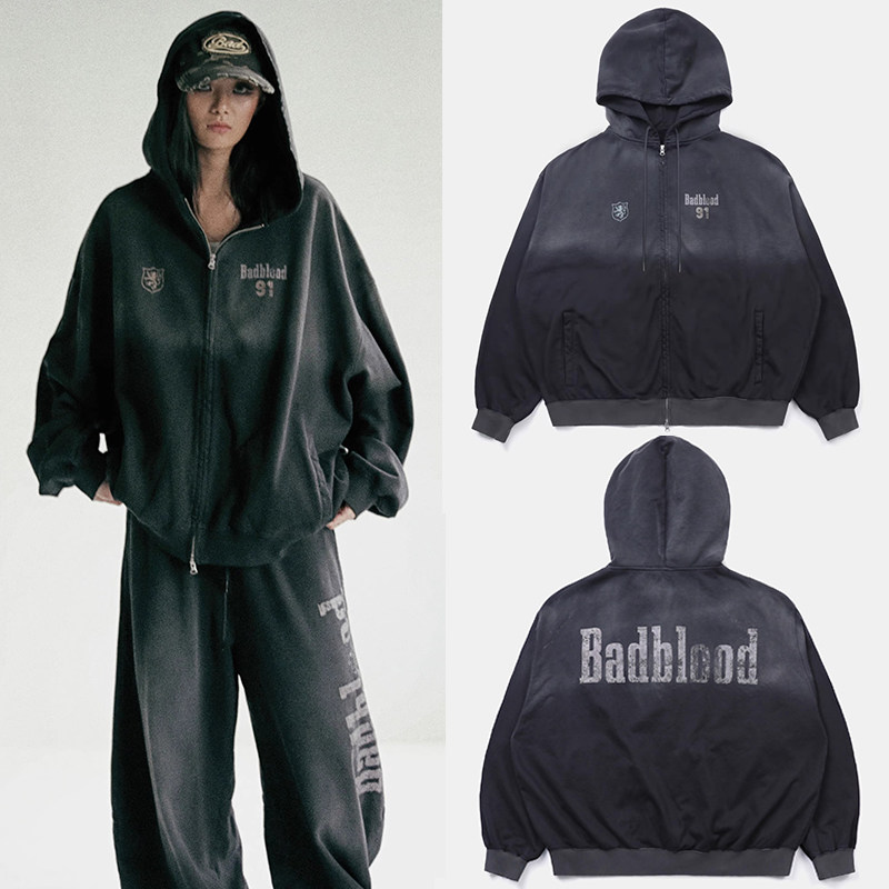 badblood美式复古做旧字母印花宽松连帽拉链卫衣男女黑色开衫外套