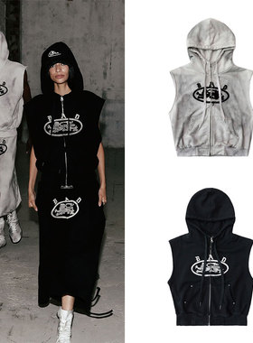 badblood美式复古做旧连帽卫衣马甲男女同款宽松休闲百搭无袖上衣