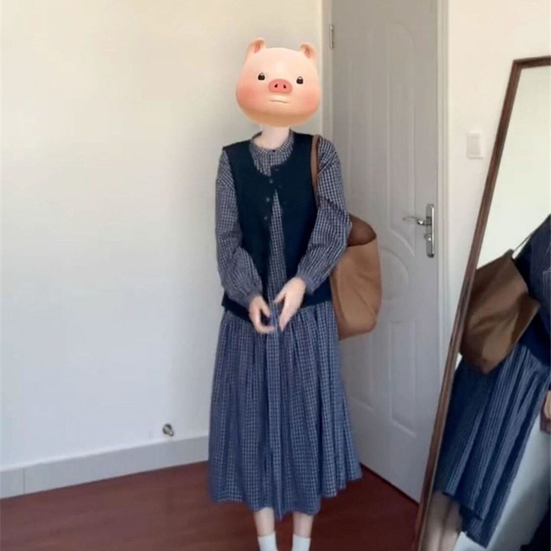 韩系蓝色显瘦长袖格子连