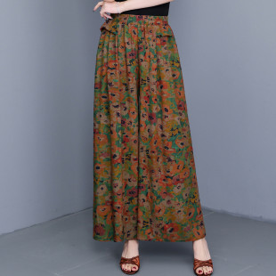 垂坠感女士显瘦松紧腰休闲裤 中老年高腰棉绸阔腿裤 女印花九分裤