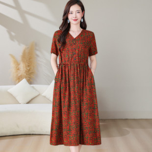 收腰洋气中长款 印花棉绸连衣裙女妈妈装 气质裙 V领短袖 中老年女装