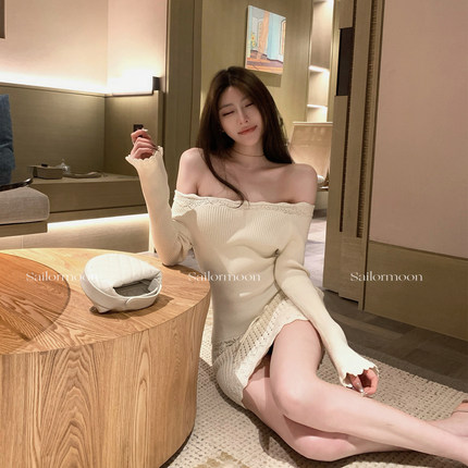 F PROJECT【心动尤莉】富家千金一字肩镂空温柔针织连衣裙女秋冬