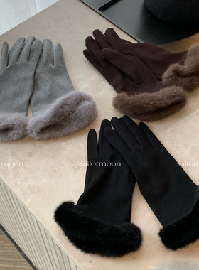 F PROJECT【卢瓦尔画刊】加绒麂皮拼毛保暖御寒分指女士手套秋冬