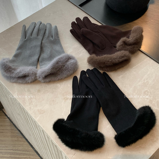 F PROJECT【卢瓦尔画刊】加绒麂皮拼毛保暖御寒分指女士手套秋冬