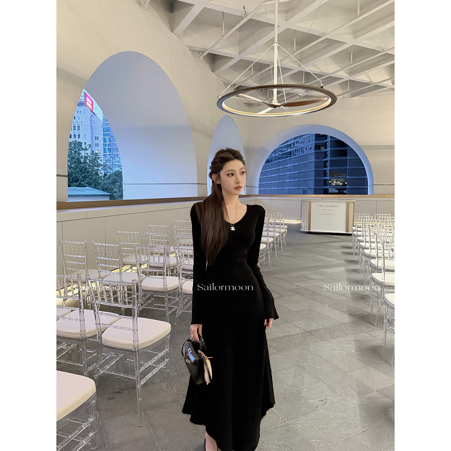 11.6/20点【秋冬伴侣】长袖V领连衣裙收腰不规则裙摆内搭打底裙女