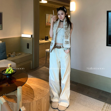 F PROJECT【芬兰暮光】毛腰带冬加绒白色阔腿直筒拖地百搭牛仔裤