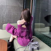 后飘带绑带蝴蝶结羊毛衣宽松温柔感慵懒上衣 紫蔷薇 PROJECT