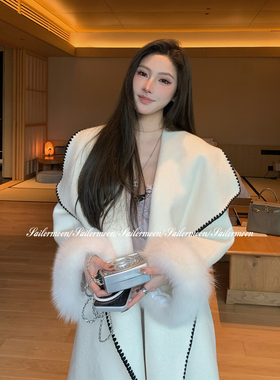 F PROJECT【雪洛佳人】大翻领绑带澳毛羊驼毛重工贝壳绣大衣外套