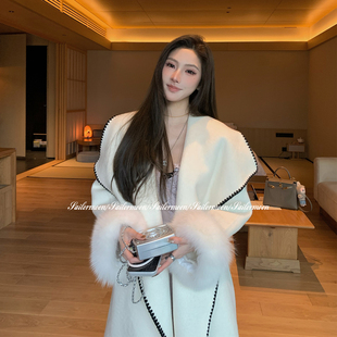 大翻领绑带澳毛羊驼毛重工贝壳绣大衣外套 雪洛佳人 PROJECT