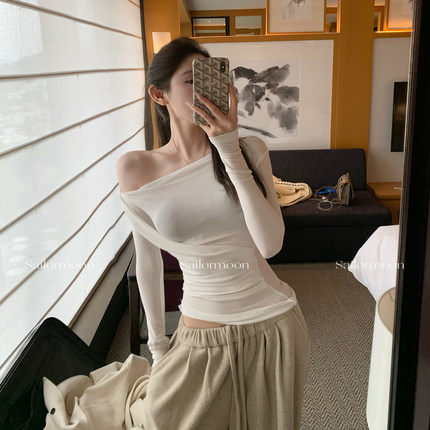 F PROJECT【长期主义】含羊毛一字肩斜肩长袖上衣女秋内搭打底衫