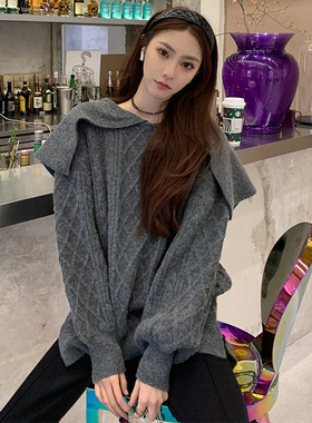 F PROJECT 翻领毛衣秋冬外穿新款2020爆款慵懒中长款小众灰色上衣