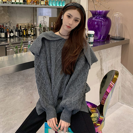 F PROJECT 翻领毛衣秋冬外穿新款2020爆款慵懒中长款小众灰色上衣