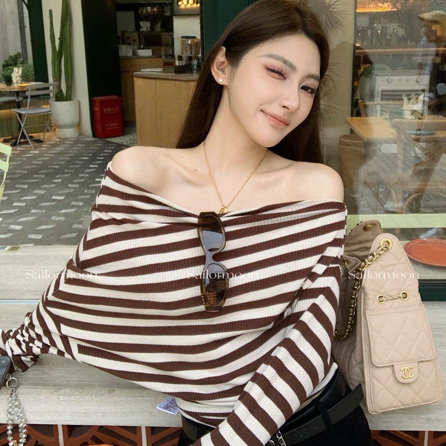 F PROJECT【醒目条纹】条纹弹力针织衫一字肩/斜肩收腰上衣