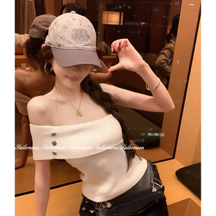 一字斜肩修身 3.26 break summer 显瘦气质露肩针织上衣 20点