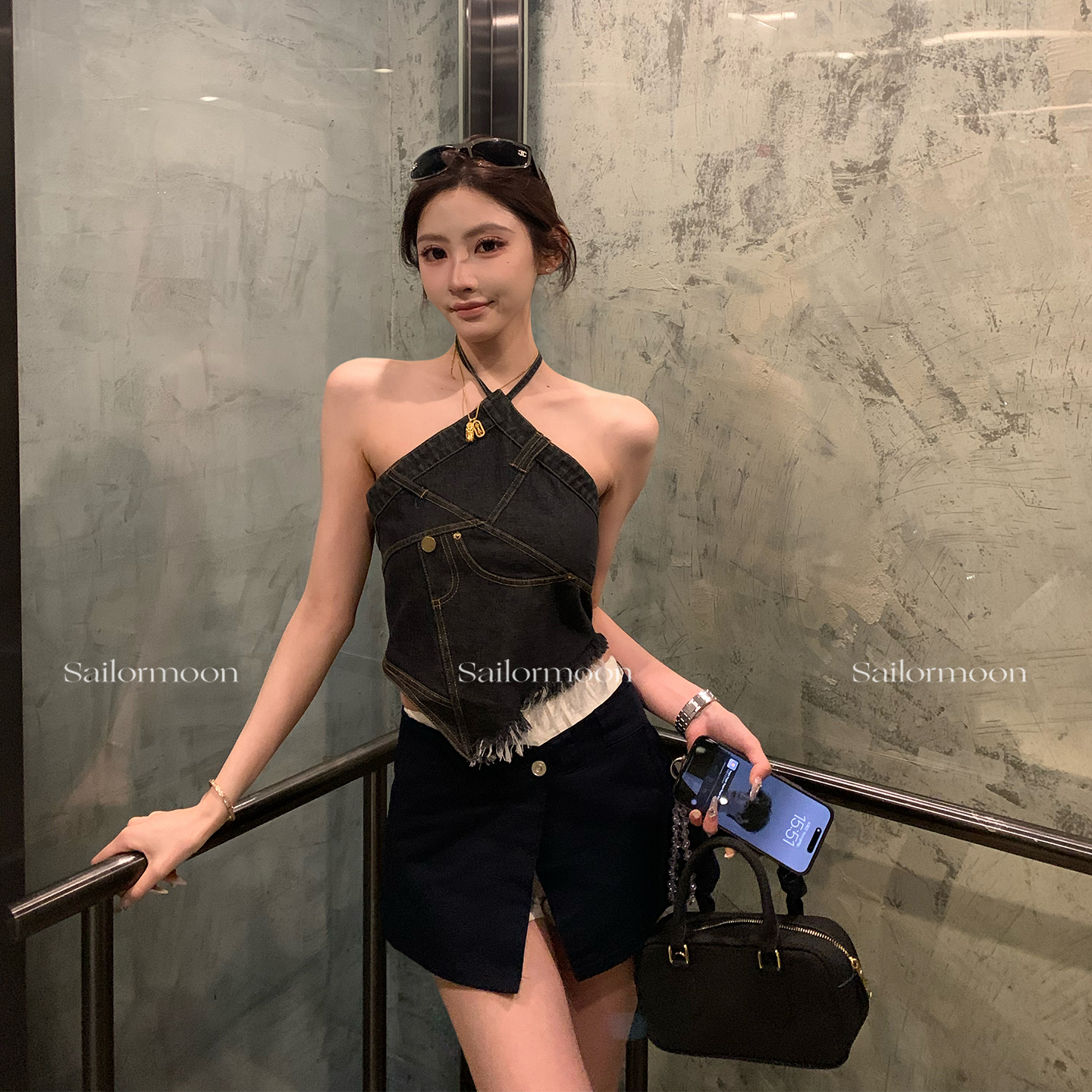 F PROJECT 翻转魅力 复古辣妹毛边修身牛仔挂脖吊带抹胸露背上衣