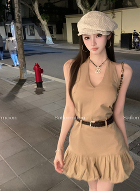 F PROJECT【漫步街头】挂脖连衣裙收腰显瘦（有胸垫送编织腰带