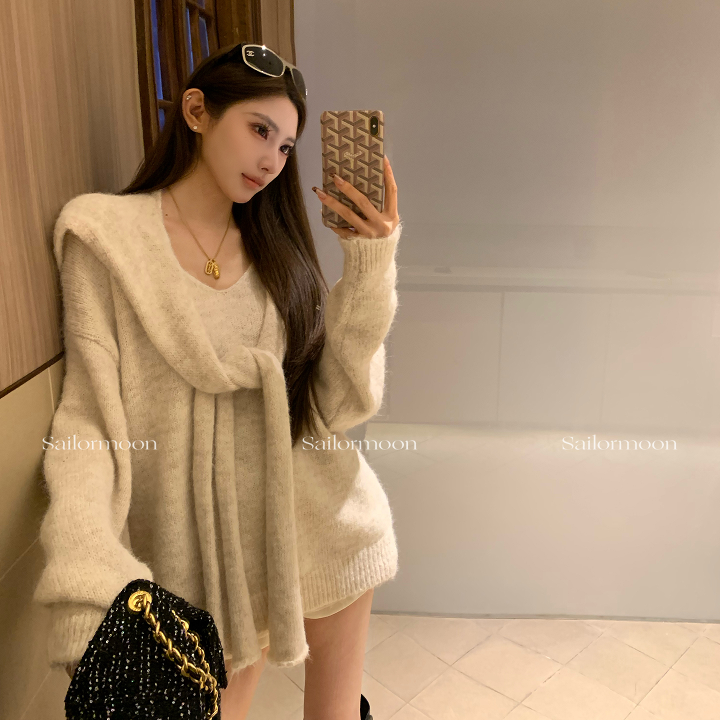 F PROJECT【美女心得】含羊毛长袖针织衫毛衣+披肩两件套套装