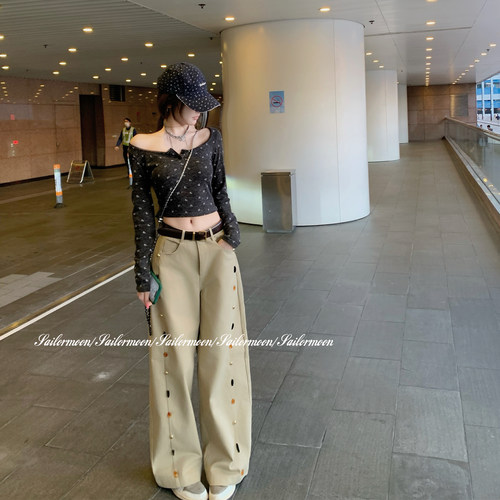 F PROJECT【西海岸】美式工装休闲裤侧边彩扣阔腿裤显瘦拖地裤女