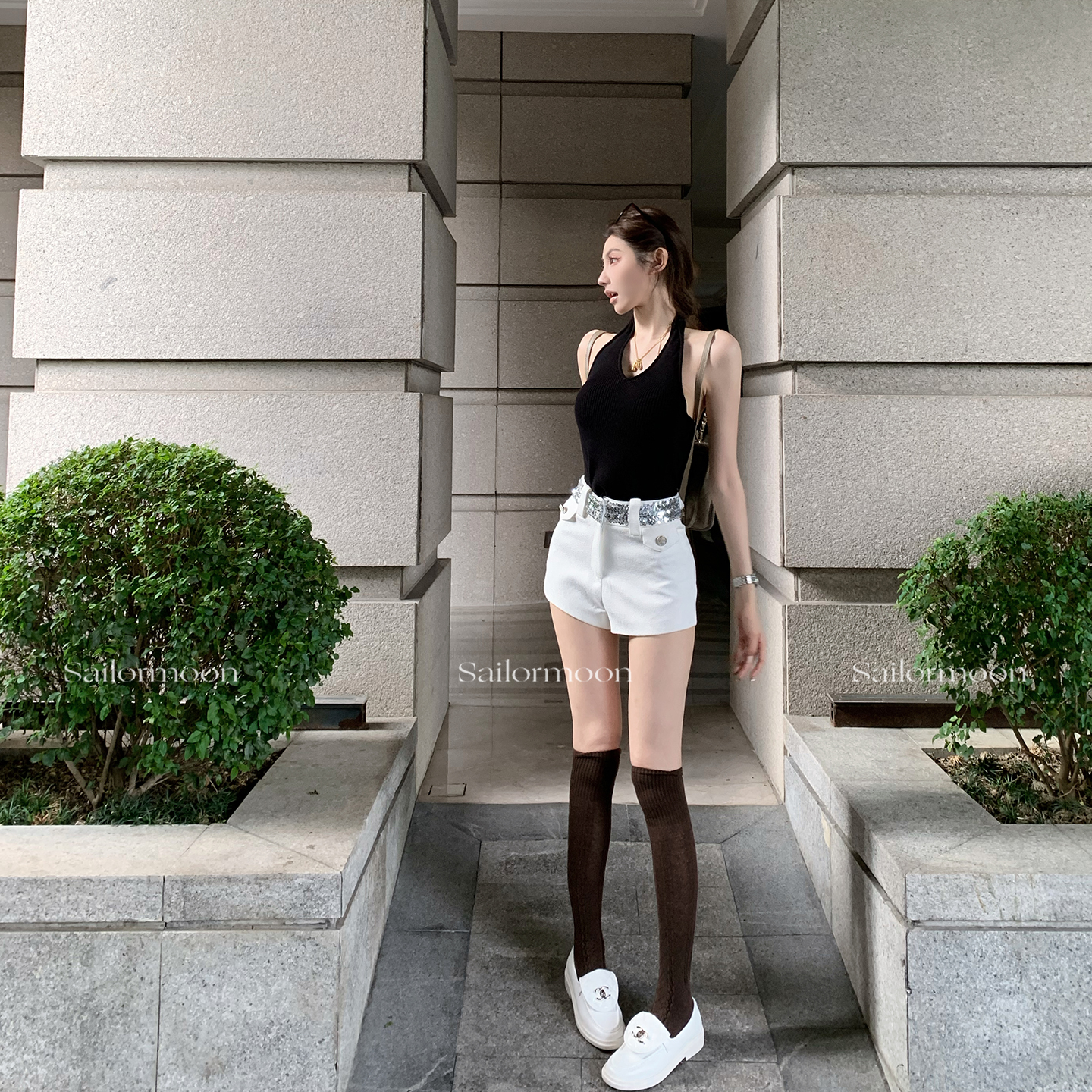 F PROJECT【星落浅滩】白色小香感亮片腰头西装短裤女秋显瘦百搭