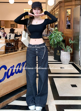 F PROJECT【辣妹私服原牛色】重工纽扣低腰丹宁牛仔裤女休闲长裤