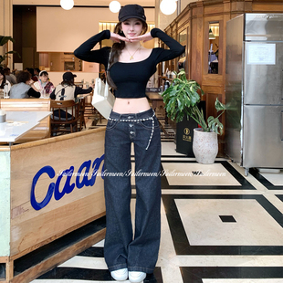 F PROJECT【辣妹私服原牛色】重工纽扣低腰丹宁牛仔裤女休闲长裤