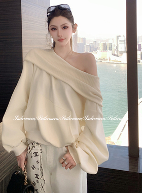 F PROJECT【牛乳贝里尼】一衣多穿·一字肩连帽卫衣宽松显瘦上衣