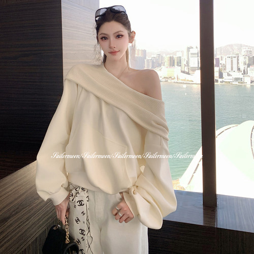 F PROJECT【牛乳贝里尼】一衣多穿·一字肩连帽卫衣宽松显瘦上衣