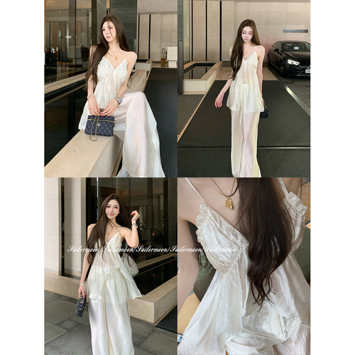 F PROJECT【蝴蝶泉边】肌理感醋酸吊带背心+休闲阔腿裤两件套套装