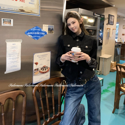 F PROJECT【拿破仑】复古翻领黑色做旧夹克显瘦短款休闲牛仔外套