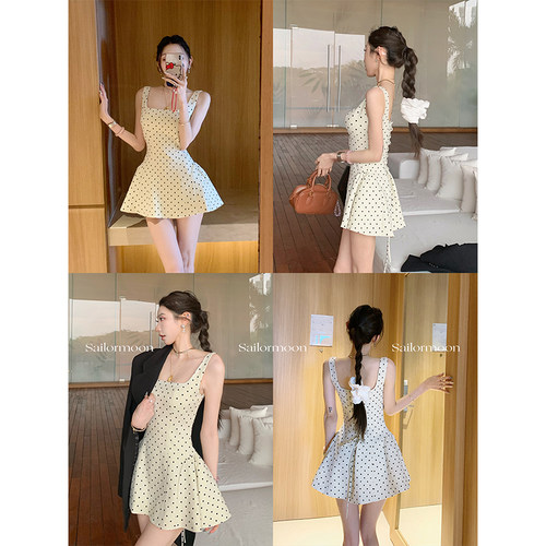 F PROJECT【氛围美神】千金感方领波点连衣裙背后绑带设计蓬蓬裙