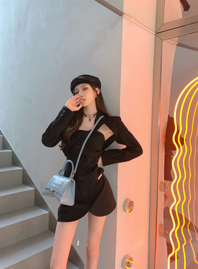 F PROJECT【摩登辣妹say Hi】黑色时尚套装女西装抹胸裙两件套秋