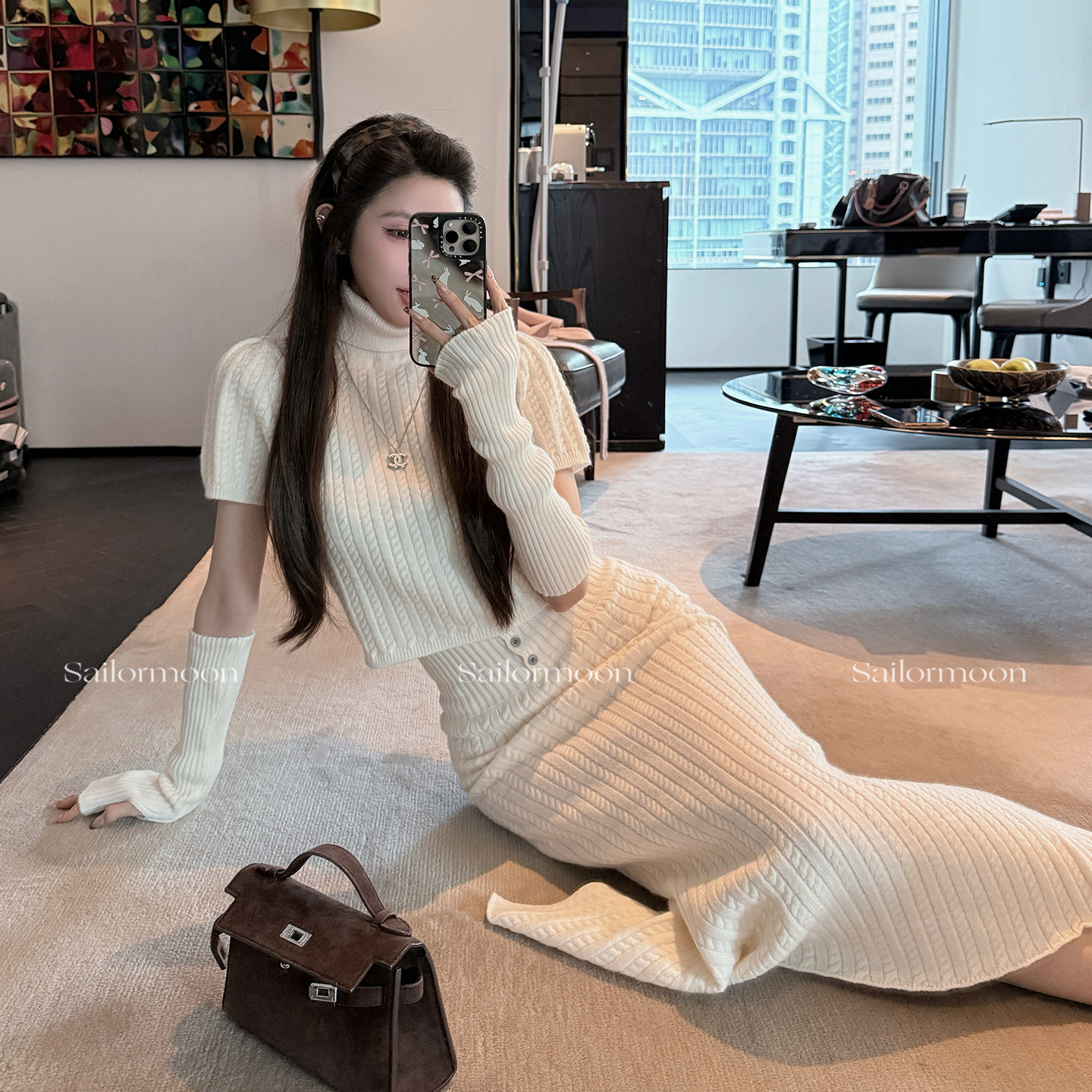 F PROJECT【汉南洞欧尼】绞花立领针织上衣+包臀半身裙套装厚款