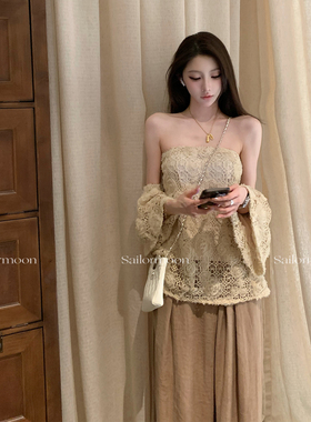 F PROJECT【塞纳花房】重工钩花工艺法式复古印花一字肩抹胸上衣