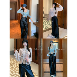 PROJECT 阔腿裤 超模比例裤 宽松休闲皮裤 pu皮垂感长裤