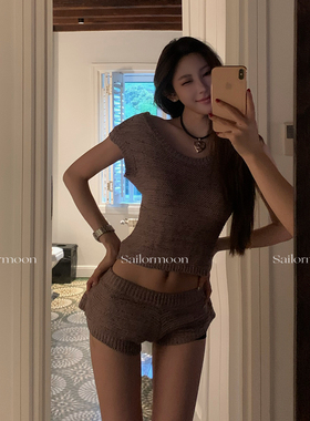 F PROJECT【浮云织梦】后背绑带针织短袖/美少女长腿针织短裤套装