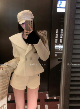 F PROJECT【秀场薇薇安】50羊毛拉毛大翻领短外套收腰显瘦大衣冬