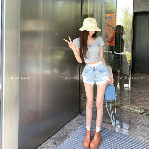 F PROJECT【长腿狙击】蕾丝拼接假两件毛边牛仔短裤女夏季百搭