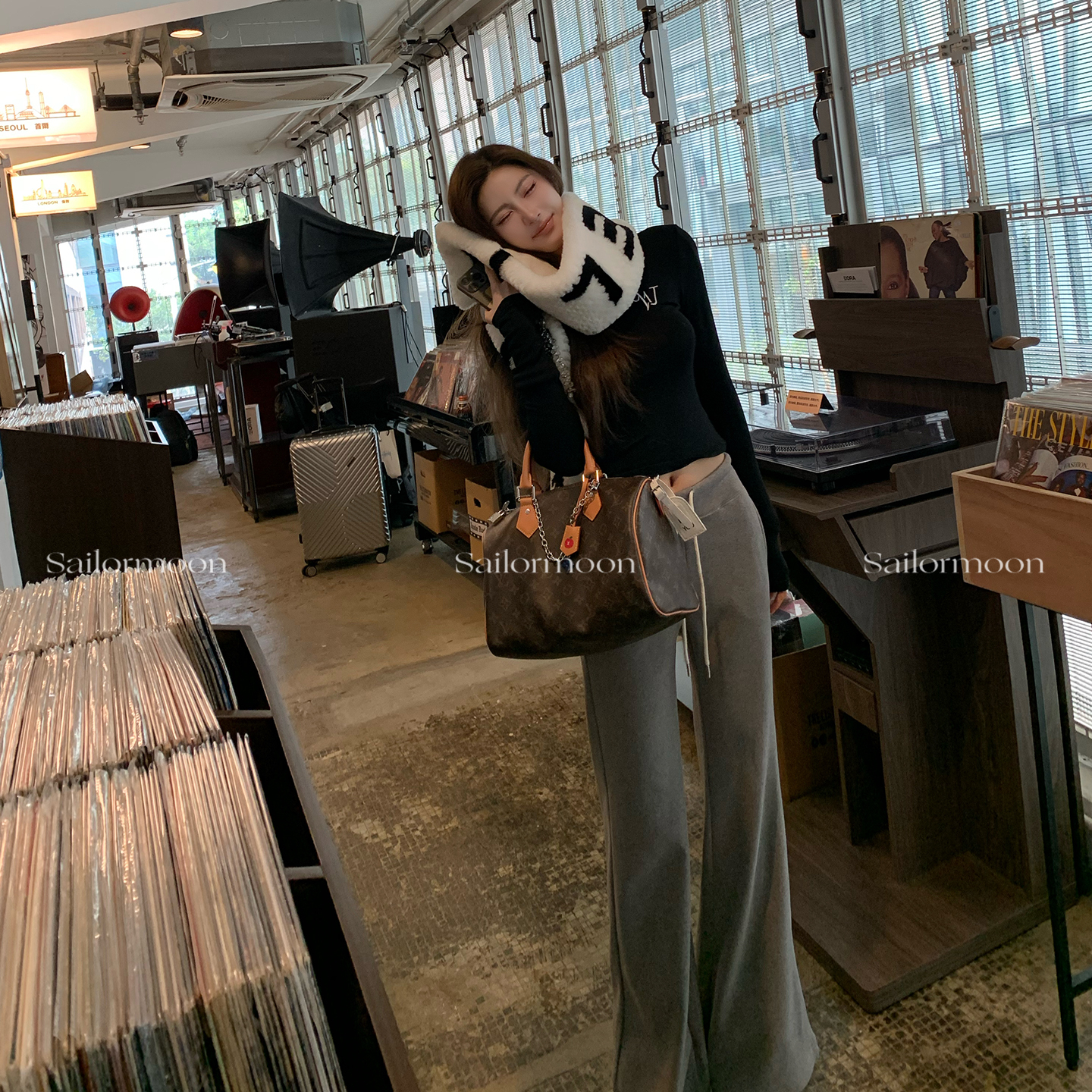 F PROJECT【成分党!!偏爱】桑蚕丝羊毛高腰抽绳微喇加绒休闲裤女