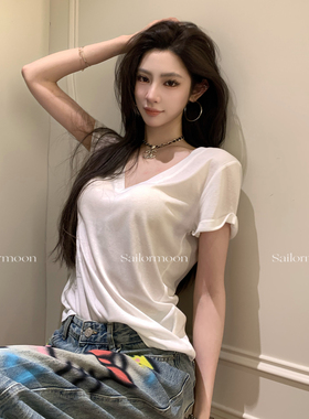 F PROJECT【夏日氧气】三色T恤女V领显瘦慵懒风凉感短袖基础上衣