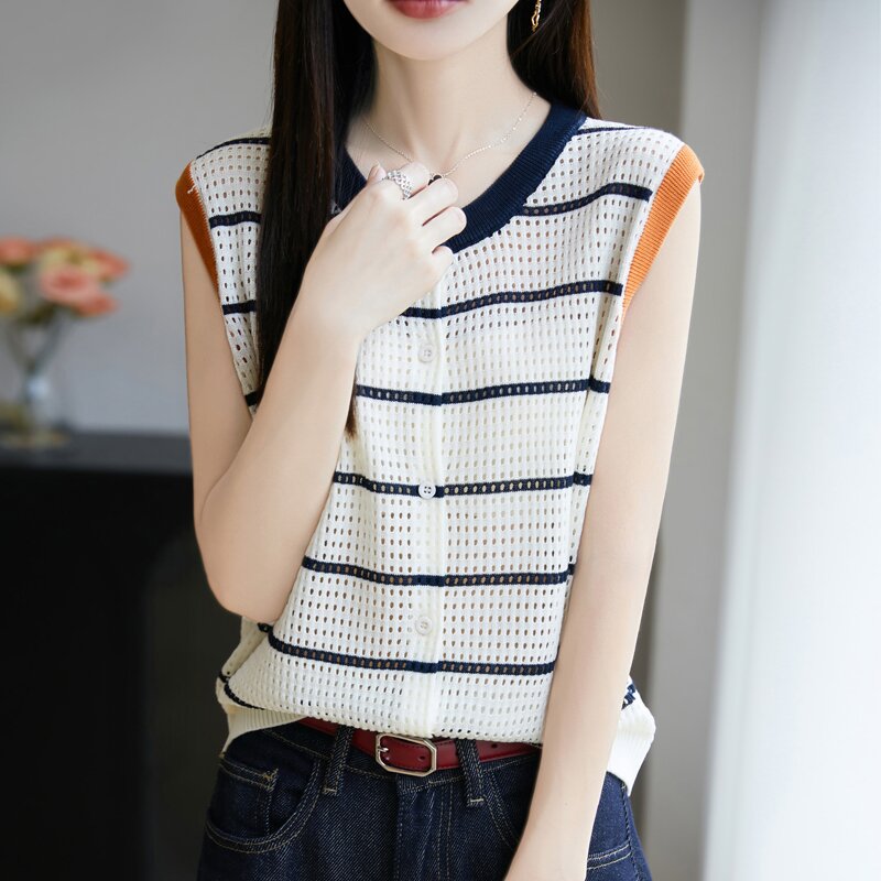 夏季新款莱赛尔天丝镂空撞色无袖开衫女时尚大码圆领薄款针织背心
